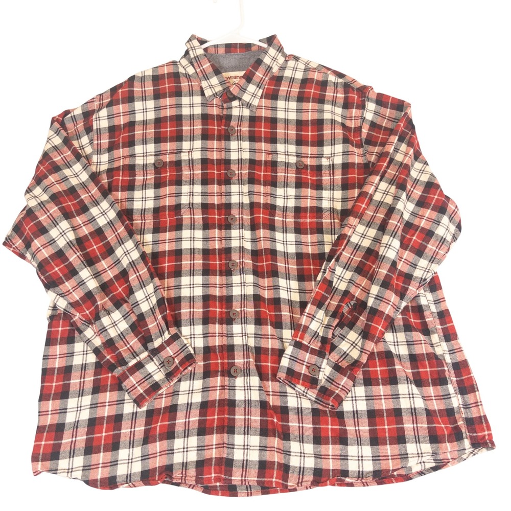 Wrangler Mens 2XL Red White Blue Plaid Flannel Button Down Shirt 100% Cotton